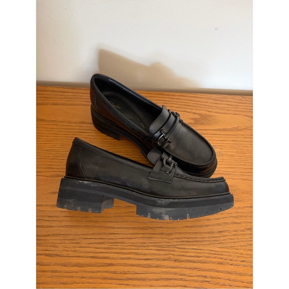 Clark’s Contour Cushion Black Leather Lug-Sole Penny Loafers